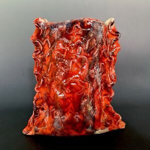 Fiery Flame Volcanic Lava Glaze Orange Red Studio Pottery Slab Vase Signed 2002